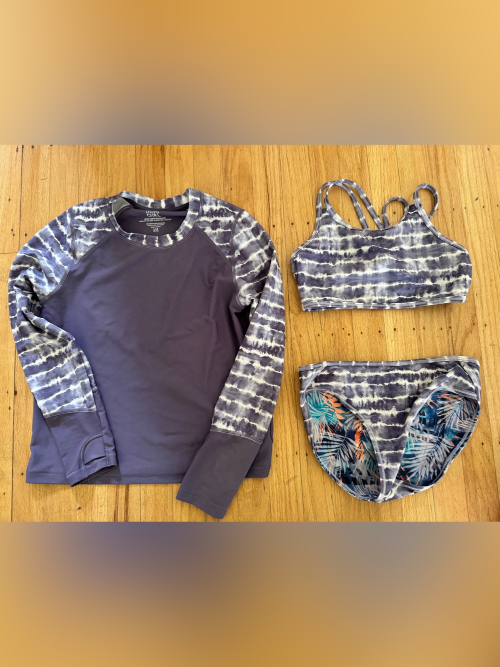 Athleta Girls Purple Tie-Dye Rash Guard Swim Set